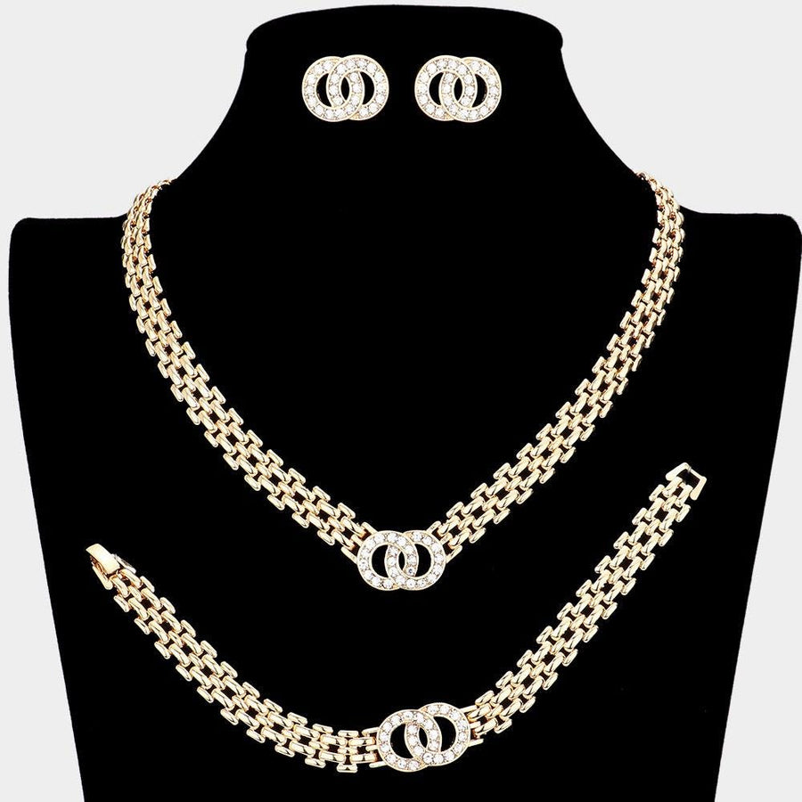 Stone Embellished Double Open Circle Link Necklace Jewelry Set - Bridal Layered Necklace