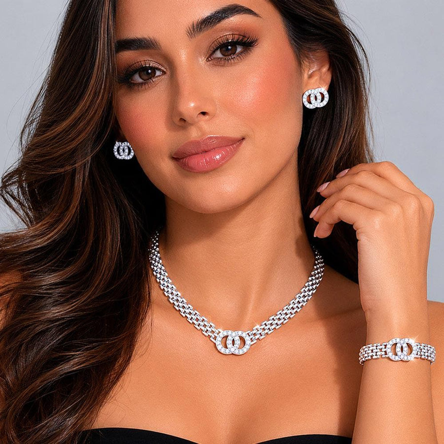 Stone Embellished Double Open Circle Link Necklace Jewelry Set - Bridal Layered Necklace