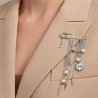 Celestial Evil Eye Pearl Drop Chain Tassel Safety Pin Brooch | Boho Statement Lapel Pin