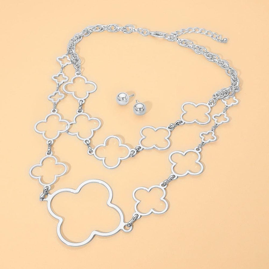 Metal Open Quatrefoil Link Layered Oversized Statement Necklace and Earrings Set | Chunky Layered Chain