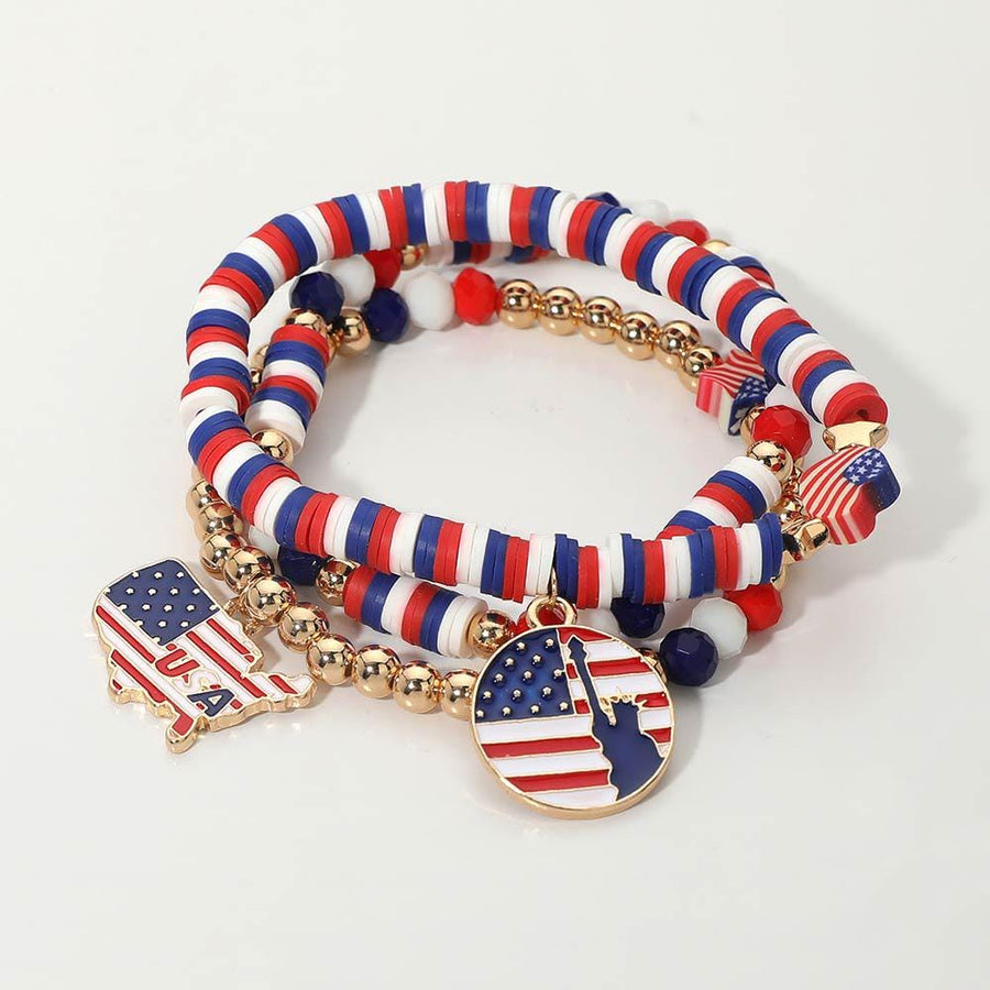 3PCS - American USA Flag Map Charm Metal Ball Heishi Beaded Stretch Multi Layered Bracelets