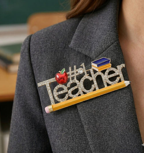 Stone Paved Number 1 Teacher Pin Brooch | Crystal Teacher Appreciation Badge | Teacher's Gift