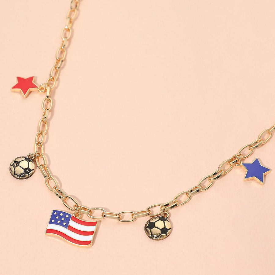 American USA Flag Star Soccer Ball Charm Station Necklace - Patriotic Sports Gift