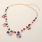 American USA Flag Map Heart Charm Station Beaded Necklace - Patriotic Gift Her