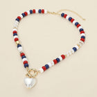 Heart Charm Accent Patriotic Beaded Necklace - USA Bead Necklace - Love America Jewelry