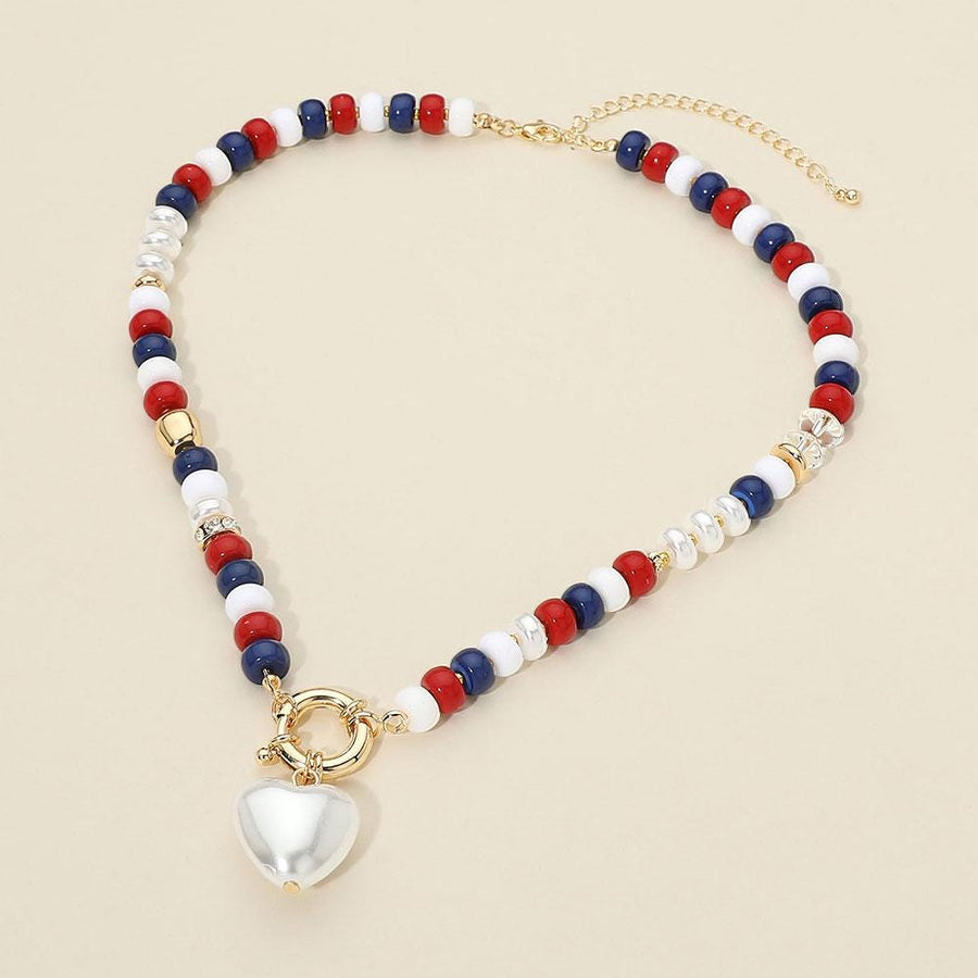 Heart Charm Accent Patriotic Beaded Necklace - USA Bead Necklace - Love America Jewelry