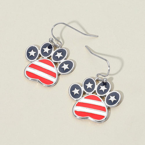 USA Flag Paw Drop Dangle Earrings - Patriotic Paw Print Dog Lover Earring