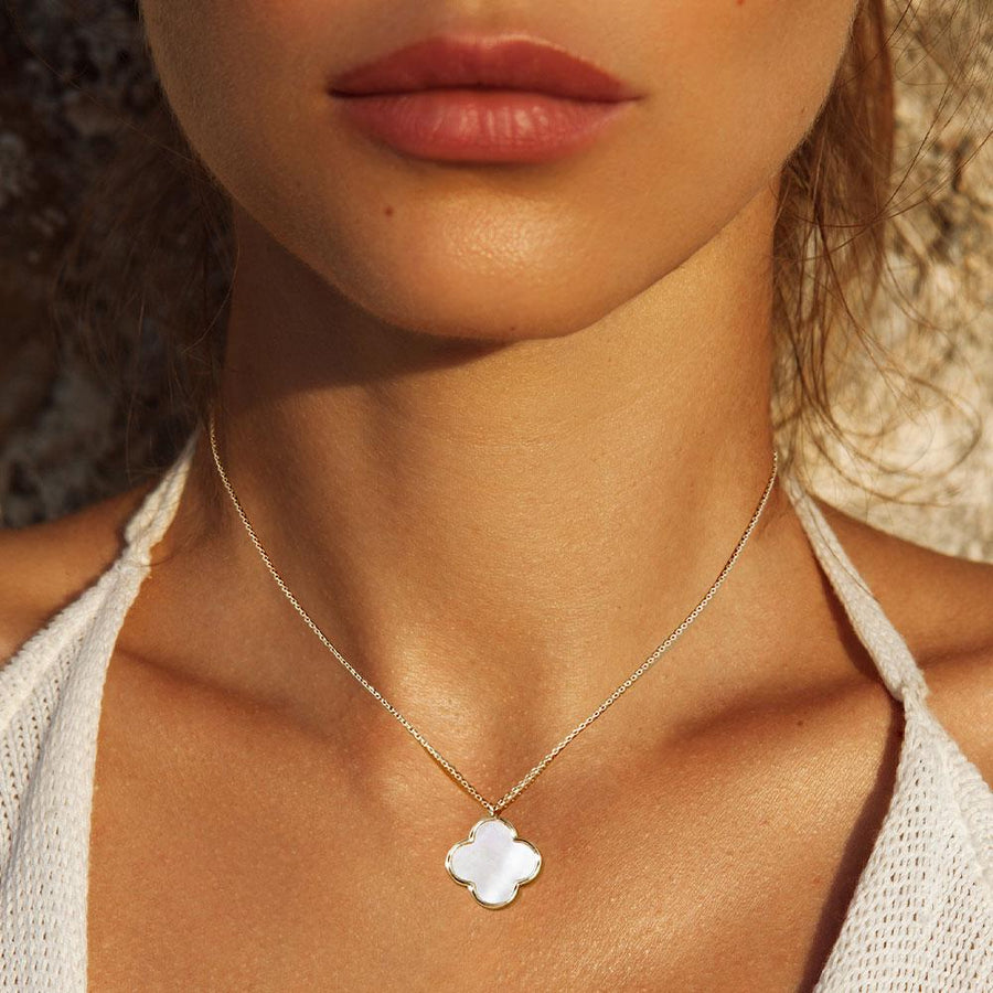 Gold Dipped Mother of Pearl Quatrefoil Pendant Necklace - Dainty Shell Jewelry - Statement Layering Piece