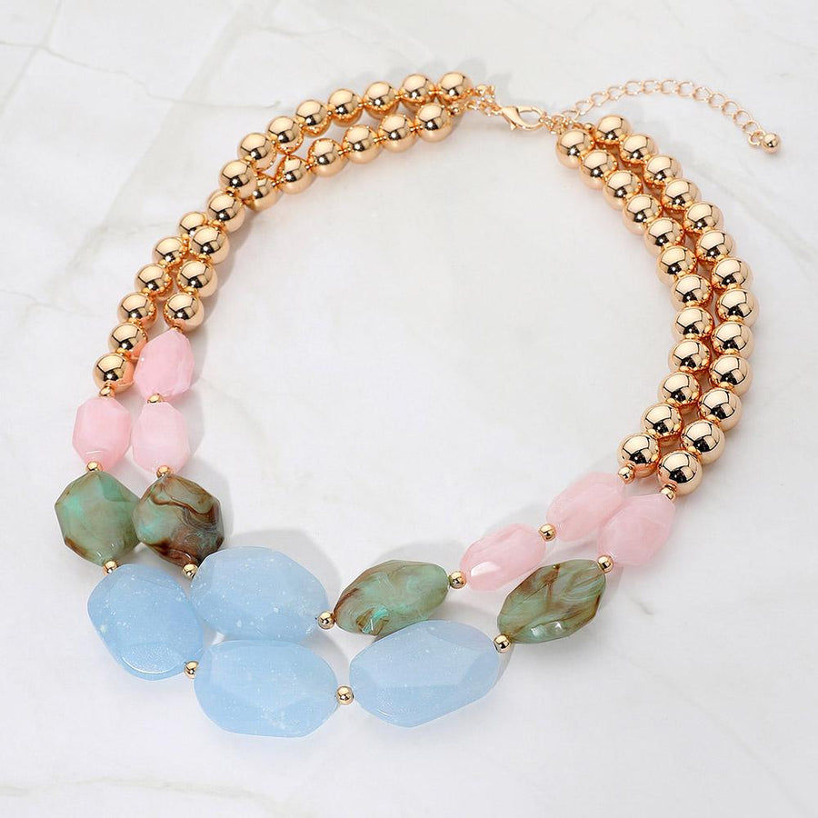 Multi Color Resin Pebble Beaded Layered Statement Necklace, Chunky Colorful Boho Bead Necklace