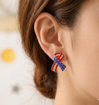 Stone Paved Enamel American USA Flag Bow Earrings - Sparkly Patriotic Jewelry - Festive Bow Studs