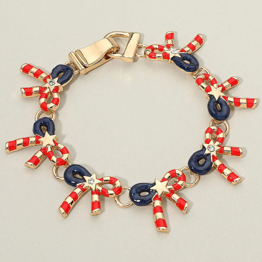 American USA Flag Patriotic Bow Charm Link Magnetic Bracelet - Easy Clasp Bracelet Gift