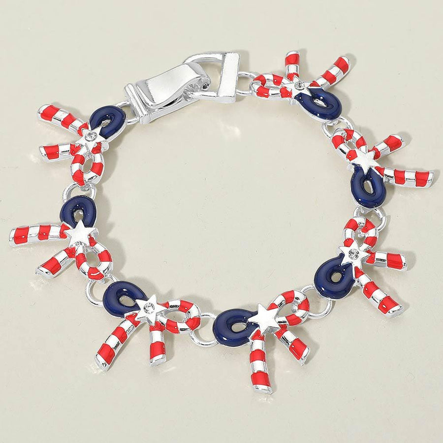 American USA Flag Patriotic Bow Charm Link Magnetic Bracelet - Easy Clasp Bracelet Gift