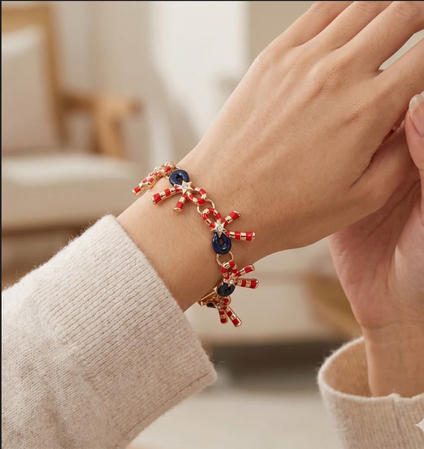 American USA Flag Patriotic Bow Charm Link Magnetic Bracelet - Easy Clasp Bracelet Gift