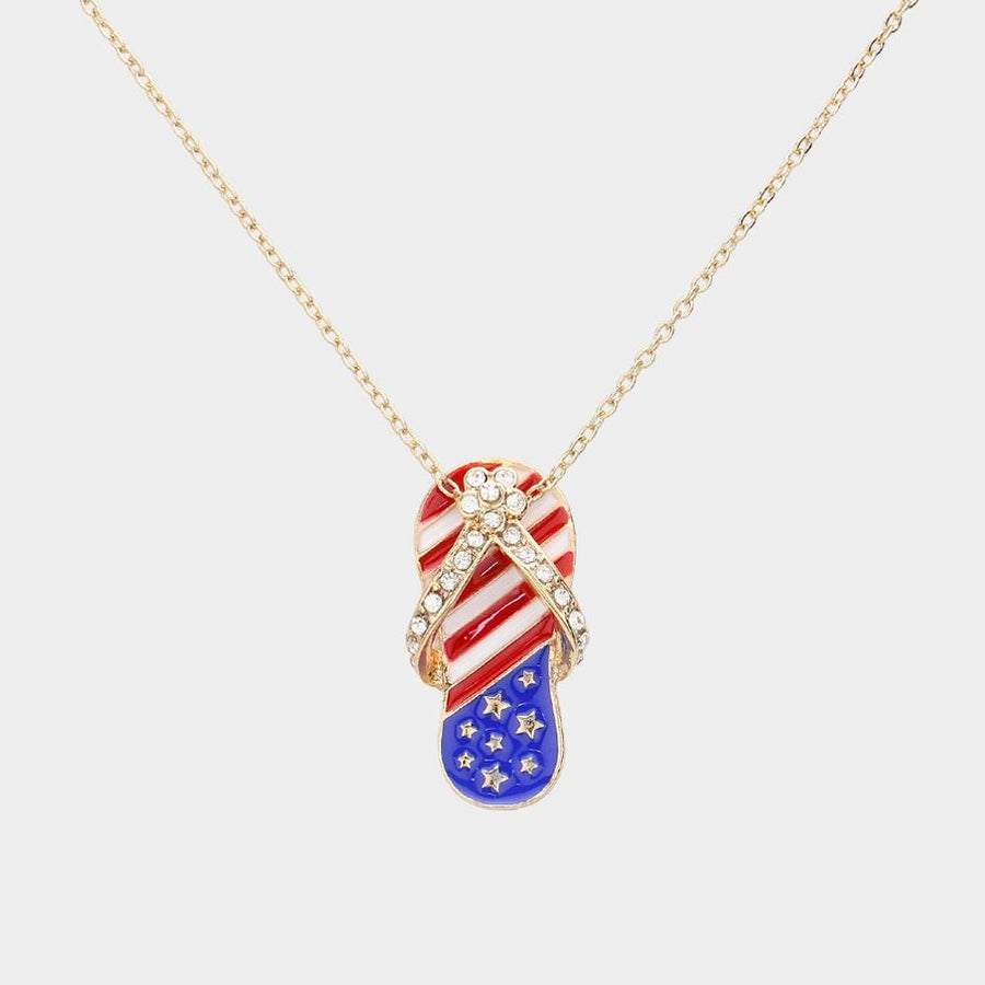 Stone Paved American USA Flag Flip Flops Pendant Necklace - Sparkly Beach Jewelry Gift