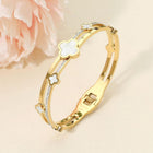 Stainless Steel Mother of Pearl Quatrefoil CZ Stone Hinged Bangle Bracelet | Elegant Clover Bracelet