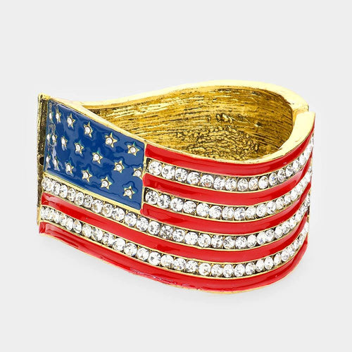 Crystal Rhinestone American Flag Hinged Bracelet - Sparkly Patriotic Bangle Gift - Statement Bracelet