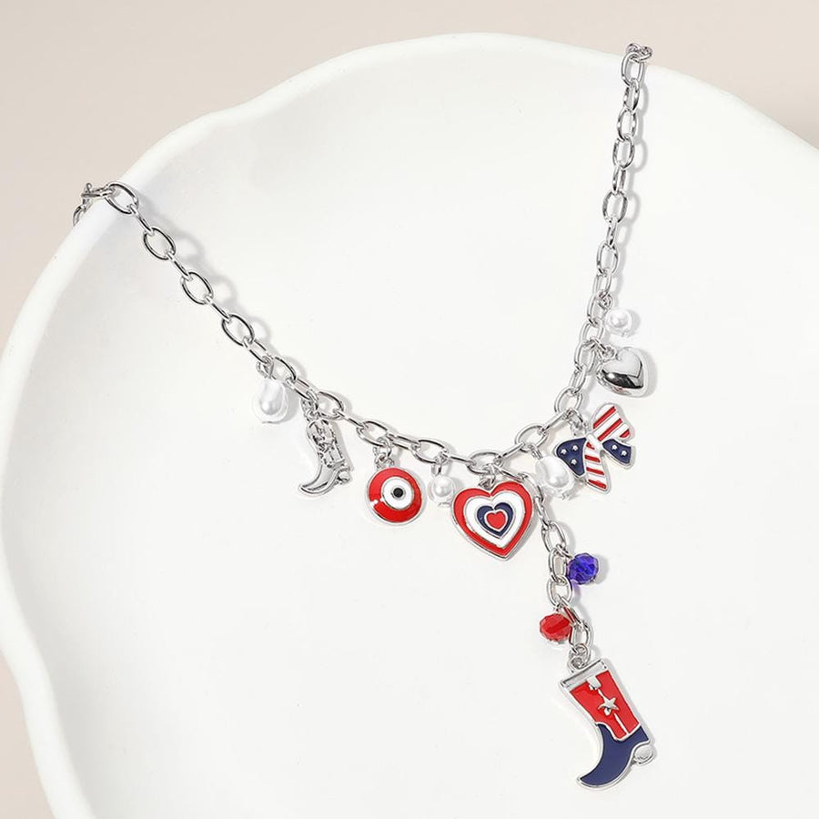 Enamel USA Flag Western Cowboy Boot Bow Heart Pearl Charm Station Necklace - Cowgirl Jewelry