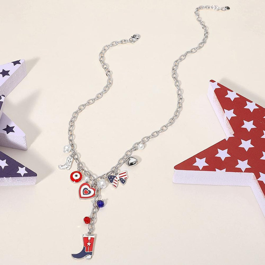 Enamel USA Flag Western Cowboy Boot Bow Heart Pearl Charm Station Necklace - Cowgirl Jewelry