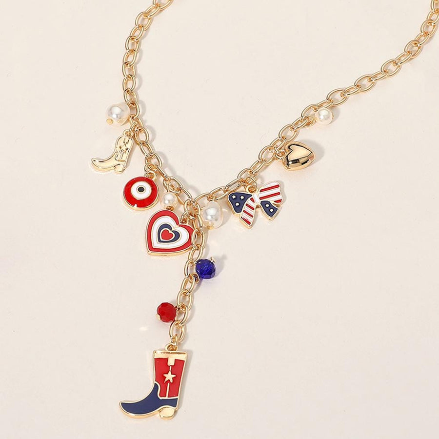 Enamel USA Flag Western Cowboy Boot Bow Heart Pearl Charm Station Necklace - Cowgirl Jewelry
