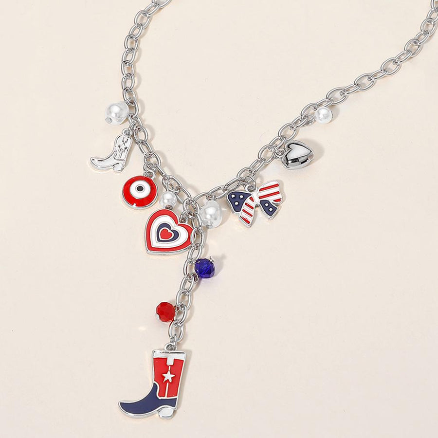 Enamel USA Flag Western Cowboy Boot Bow Heart Pearl Charm Station Necklace - Cowgirl Jewelry
