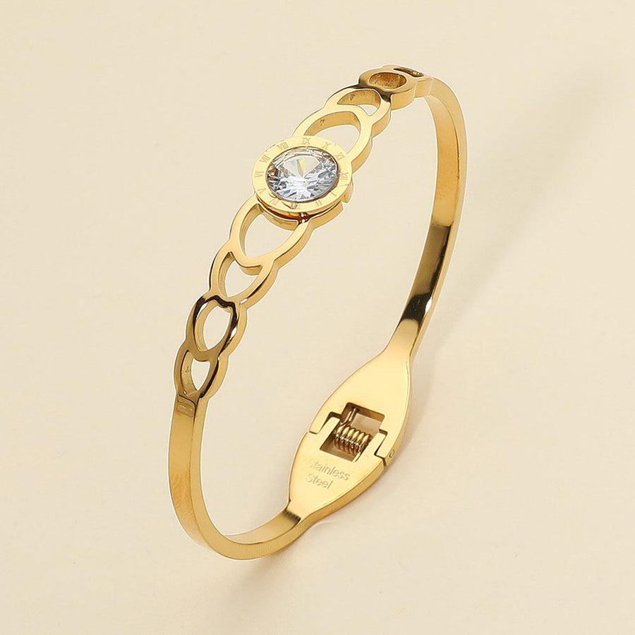 Stainless Steel Roman Numeral Stone Bezel Accent Hinged Bangle Bracelet | Elegant Luxury Bracelet