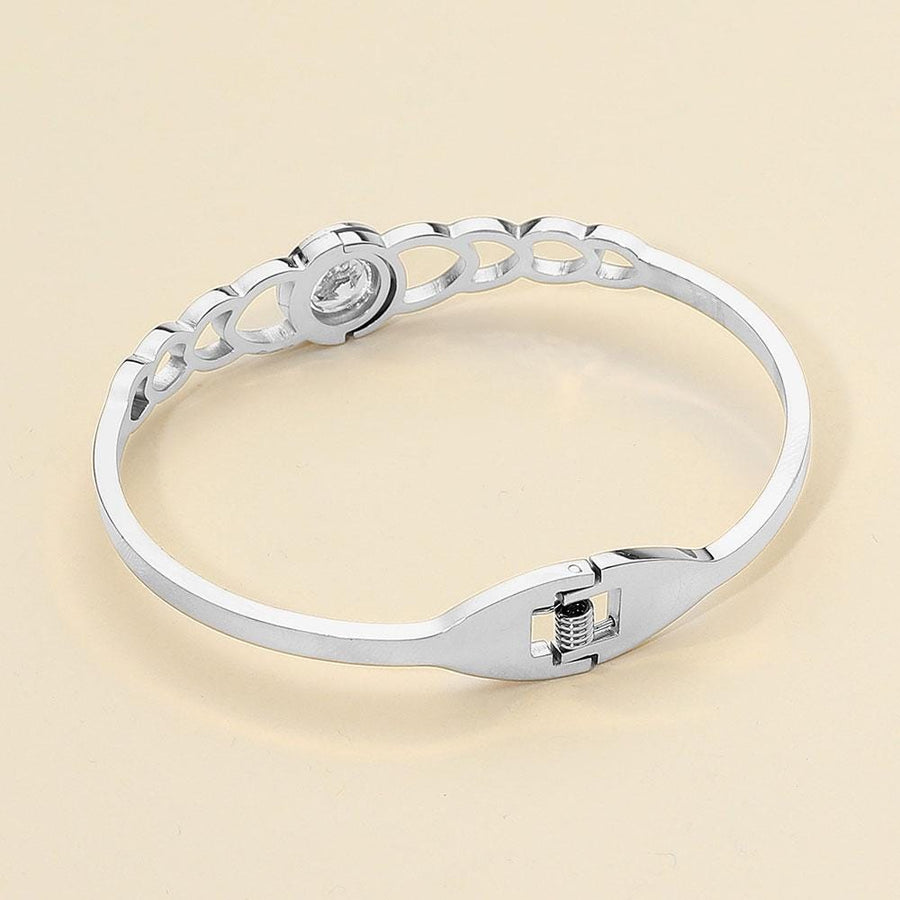 Stainless Steel Roman Numeral Stone Bezel Accent Hinged Bangle Bracelet | Elegant Luxury Bracelet