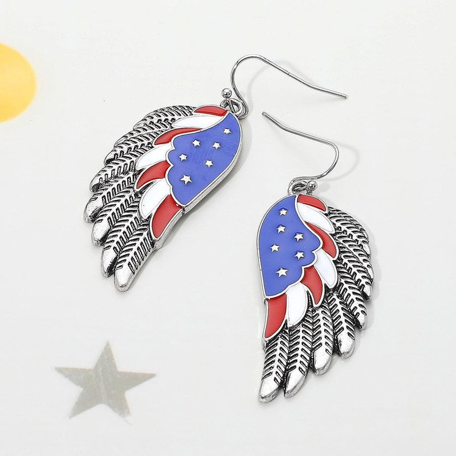 Enamel USA Flag Wing Dangle Earrings - Patriotic Earrings for Women - American Eagle Wings Earring