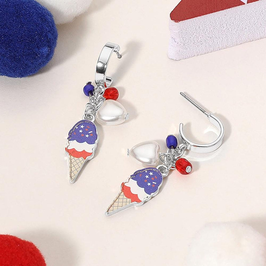 Enamel USA Flag Ice Cream Cone Pearl Heart Bead Dangle Earrings - Fun Summer Earrings