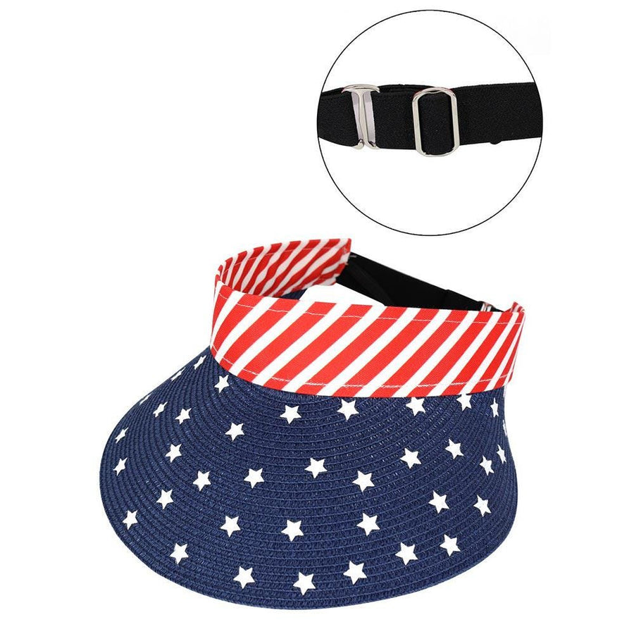 American USA Flag Straw Woven Adjustable Sun Visor Hat - Summer Beach Hat for Women