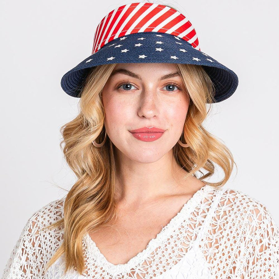 American USA Flag Straw Woven Adjustable Sun Visor Hat - Summer Beach Hat for Women