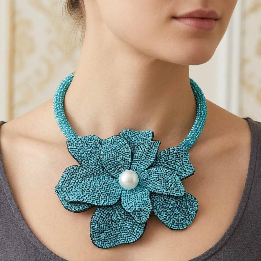 Pearl Center Bling Studded Oversized Flower Necklace - Bold Floral Statement Necklace - Bridal Glam Necklaces