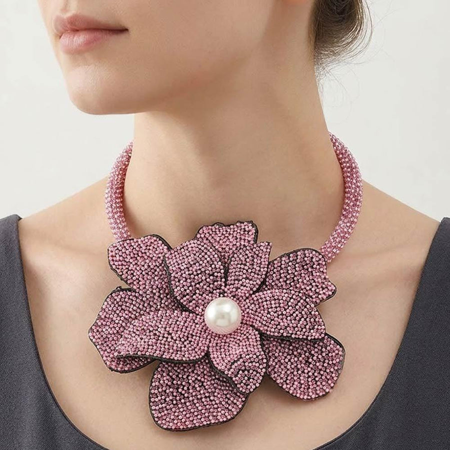 Pearl Center Bling Studded Oversized Flower Necklace - Bold Floral Statement Necklace - Bridal Glam Necklaces