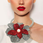 Pearl Center Bling Studded Oversized Flower Necklace - Bold Floral Chunky Statement Necklace - Bridal Jewelry