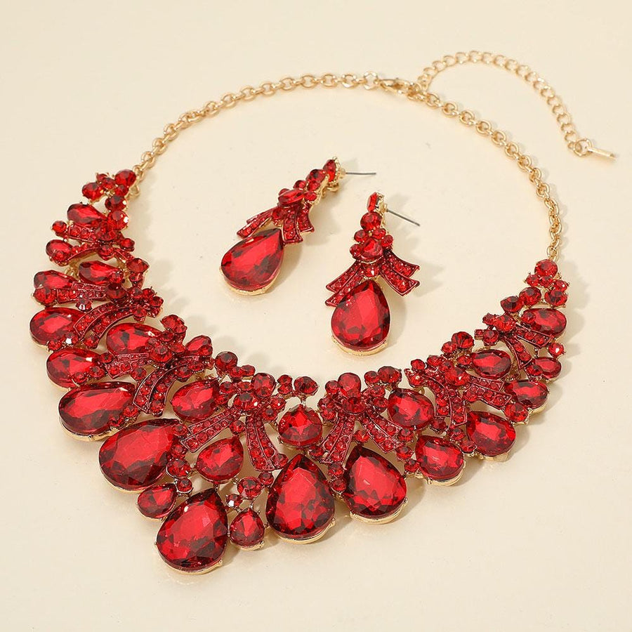 Teardrop Stone Cluster Embellished Bib Statement Necklace Set - Bridal Bib Necklaces and Earring Sets