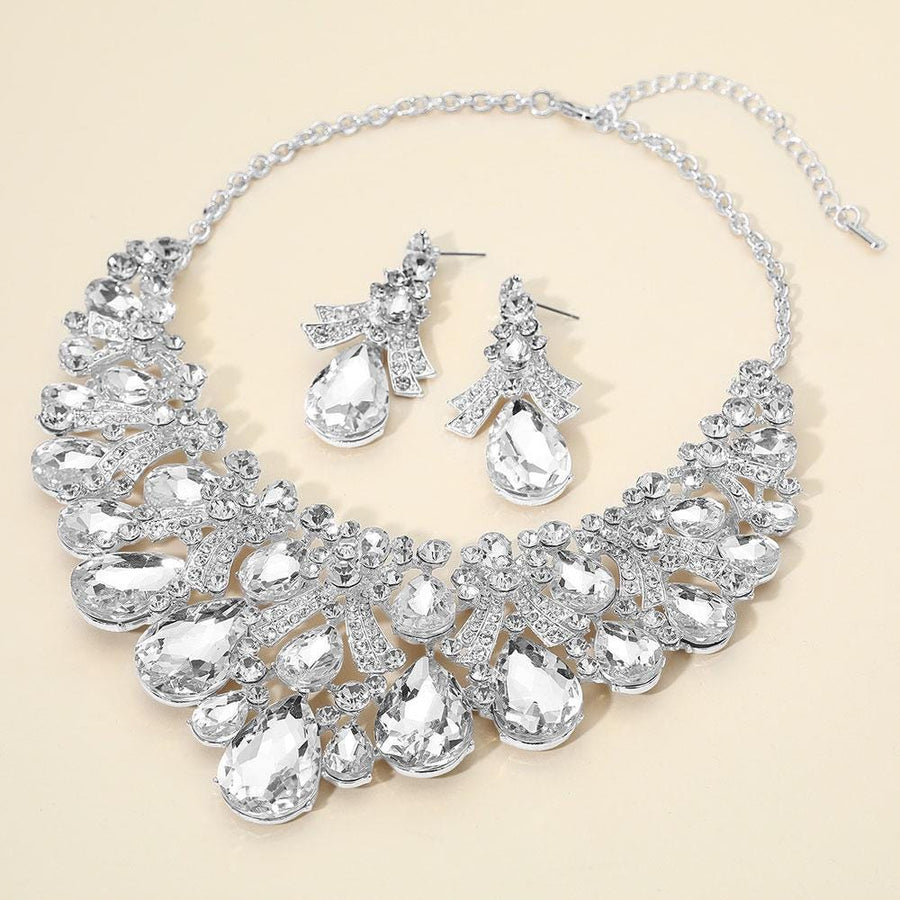 Teardrop Stone Cluster Embellished Bib Statement Necklace Set - Bridal Bib Necklaces and Earring Sets