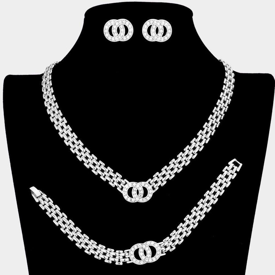 Stone Embellished Double Open Circle Link Necklace Jewelry Set - Bridal Layered Necklace