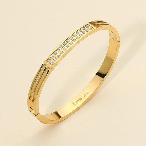 Stainless Steel Two-Row Stone Paved Bar Accent Hinged Bangle Bracelet - Sparkle Stackable Bracelet