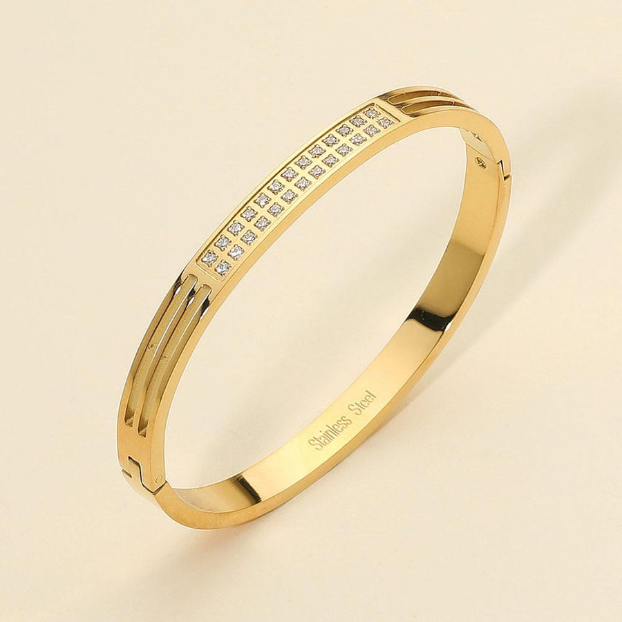 Stainless Steel Two-Row Stone Paved Bar Accent Hinged Bangle Bracelet - Sparkle Stackable Bracelet