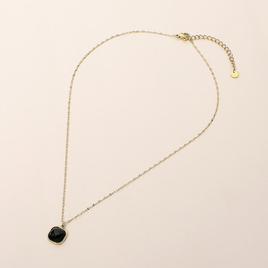 Stainless Steel Square Stone Pendant Necklace - Dainty Minimalist Chain - Elegant Everyday Pendant