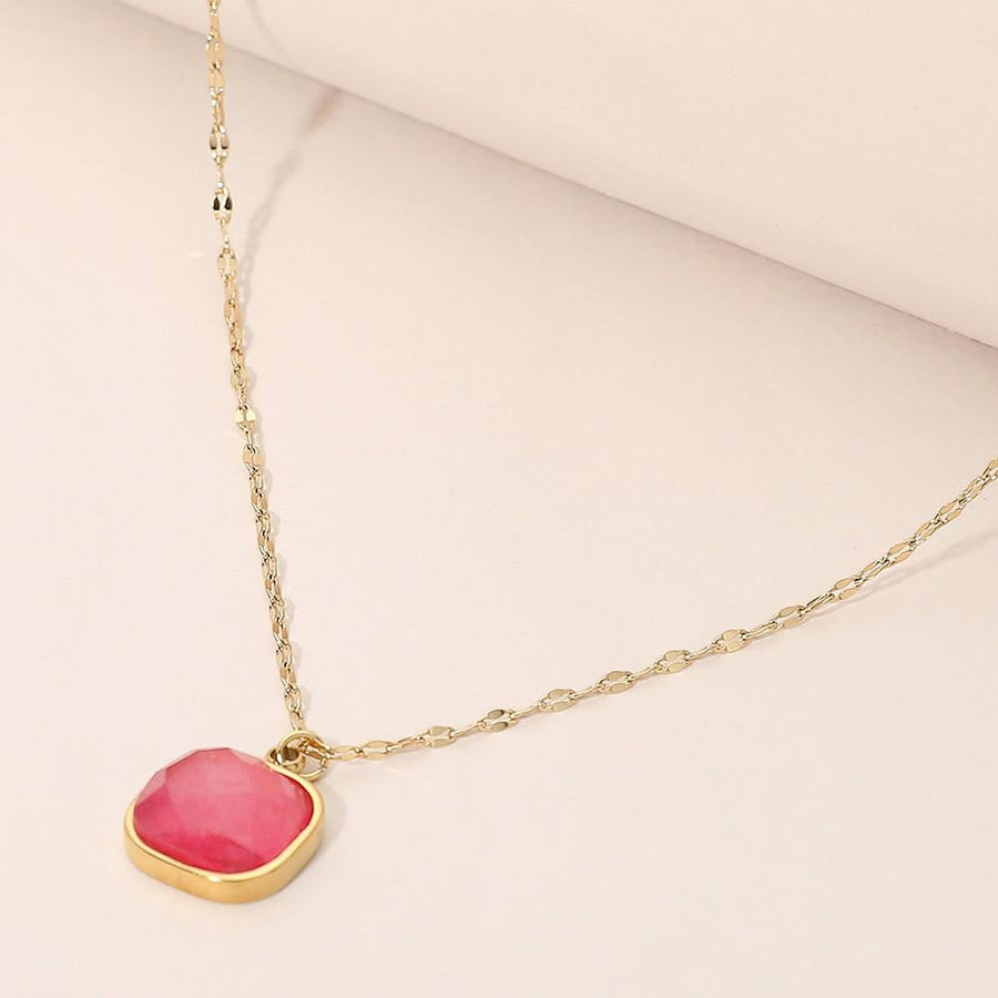 Stainless Steel Square Stone Pendant Necklace - Dainty Minimalist Chain - Elegant Everyday Pendant