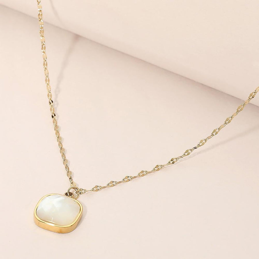 Stainless Steel Square Stone Pendant Necklace - Dainty Minimalist Chain - Elegant Everyday Pendant