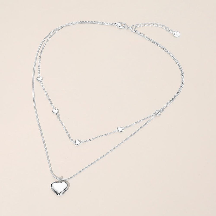 Stainless Steel Heart Charm Station Layered Necklace - Dainty Floating Heart Chain - Multi-Strand Lover Jewelry