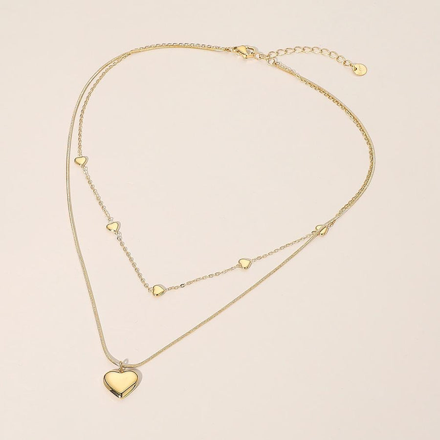 Stainless Steel Heart Charm Station Layered Necklace - Dainty Floating Heart Chain - Multi-Strand Lover Jewelry