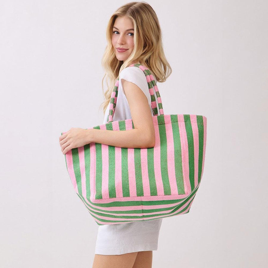Striped Terry Tote Bag | Soft Summer Shopper Carry on | Beach Shoulder Bag