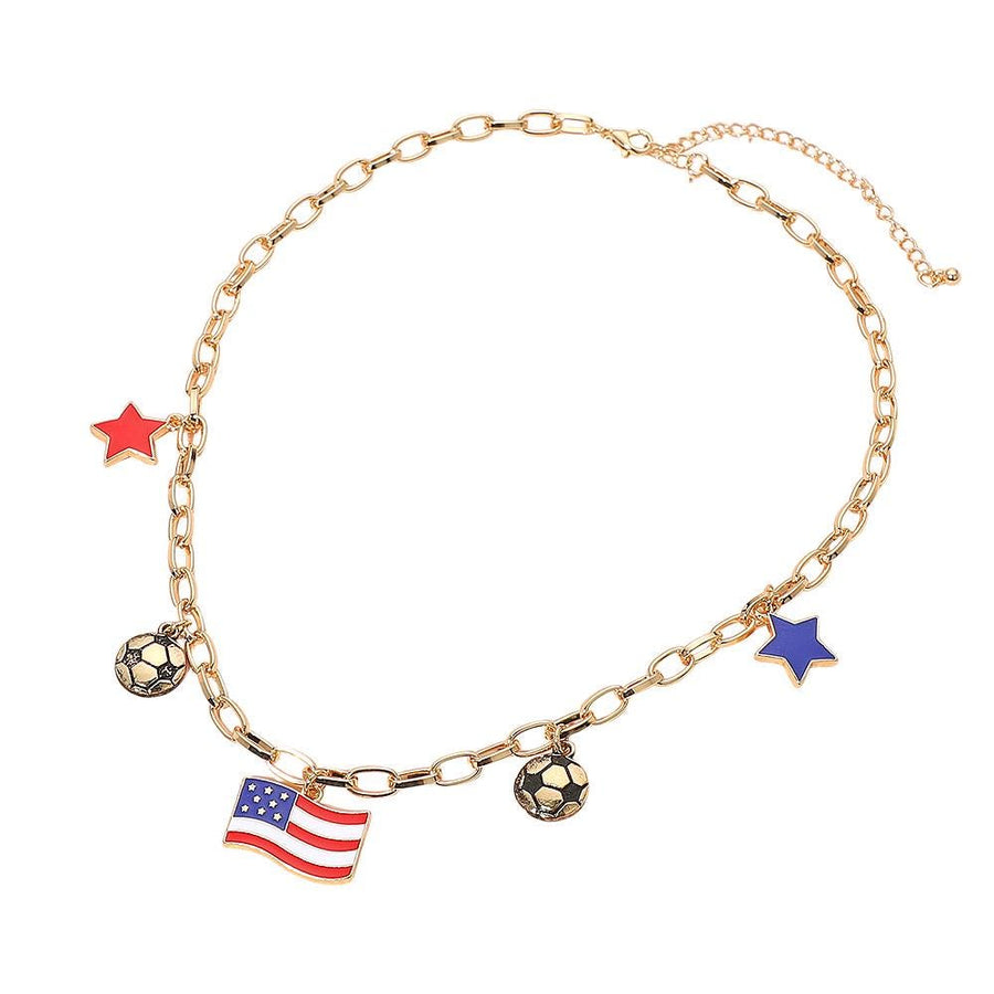 American USA Flag Star Soccer Ball Charm Station Necklace - Patriotic Sports Gift