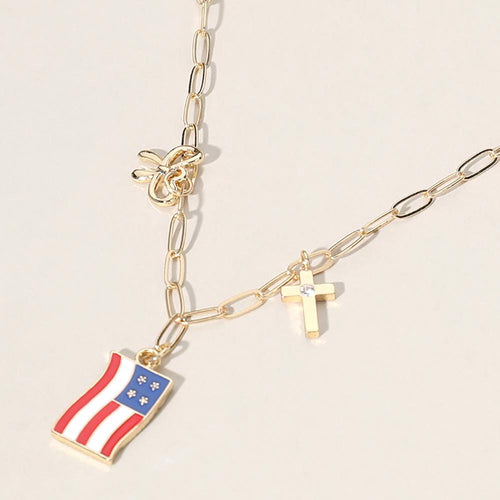 Enamel American USA Flag Metal Cross Bow Charm Station Paperclip Chain Necklace - Patriotic Gift