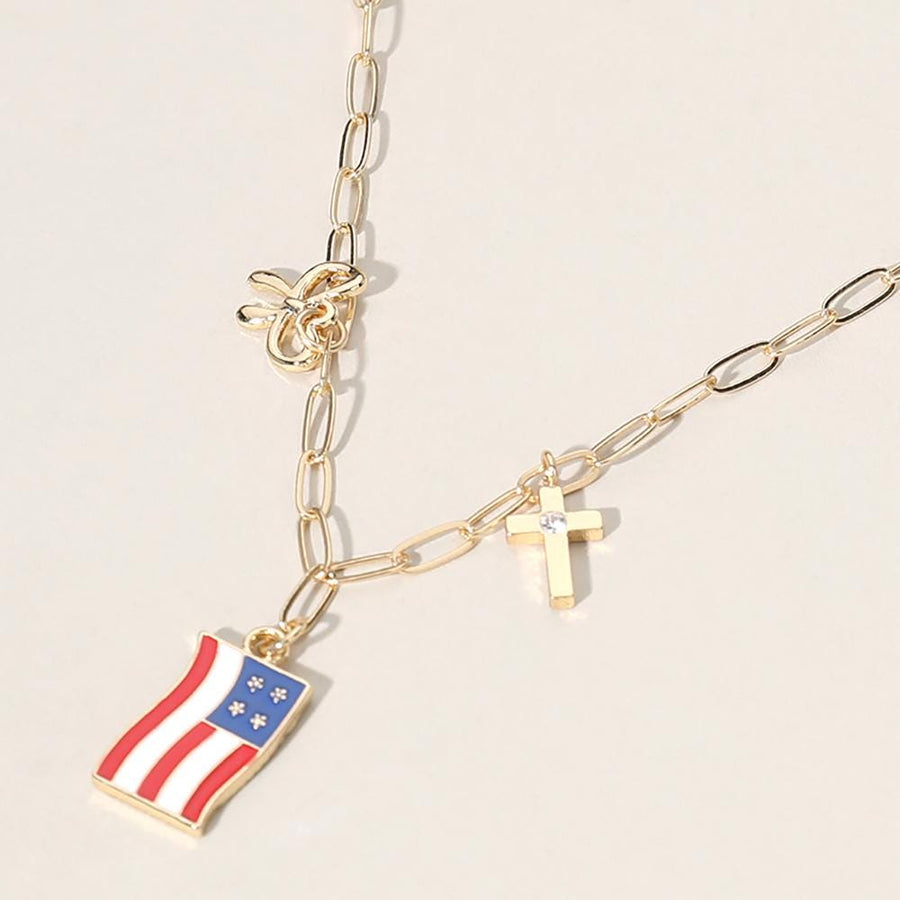 Enamel American USA Flag Metal Cross Bow Charm Station Paperclip Chain Necklace - Patriotic Gift