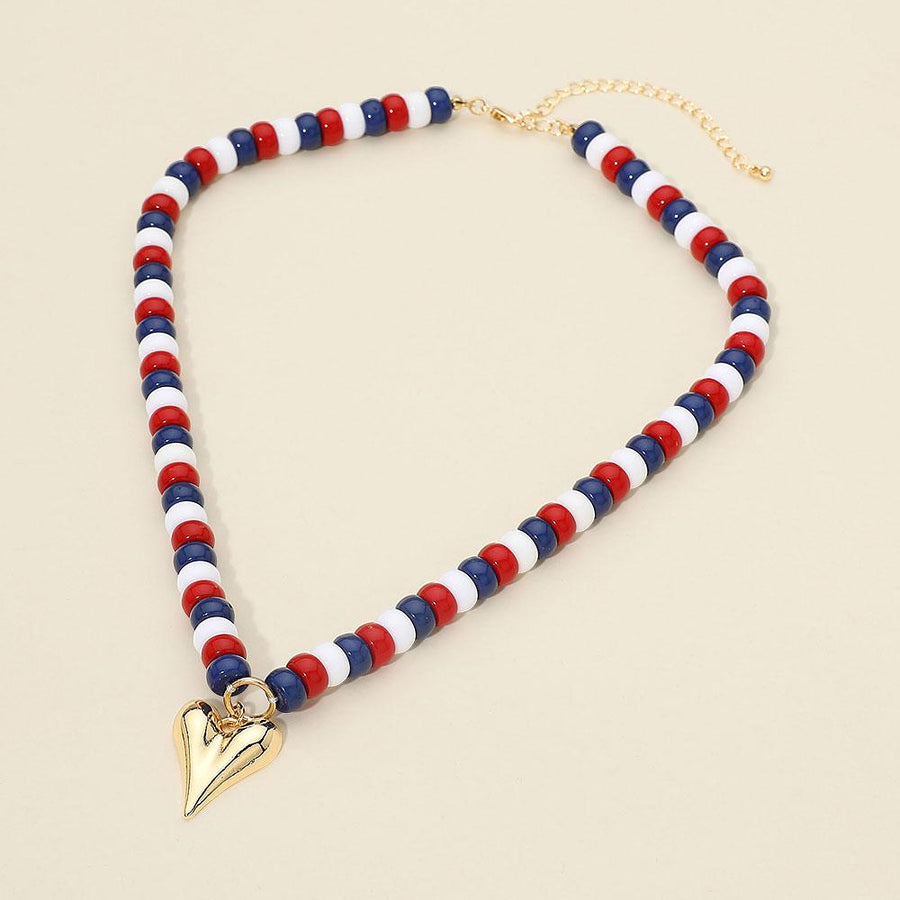 Heart Charm Accent Patriotic Beaded Necklace - USA Bead Necklace - Love America Jewelry
