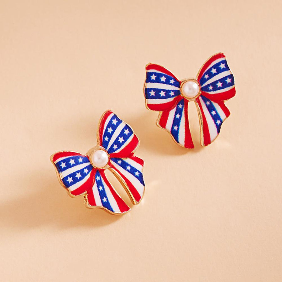 Pearl Pointed Enamel USA Flag Bow Stud Earrings - Patriotic Bow Studs Gift for Her