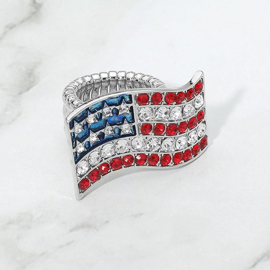 American USA Flag Rhinestone Stretch Ring, Patriotic Statement Ring, Red White Blue Jewelry
